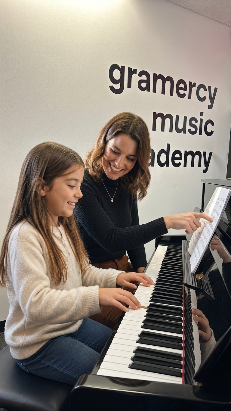 A piano student learning with an instructor at Gramercy Music Academy