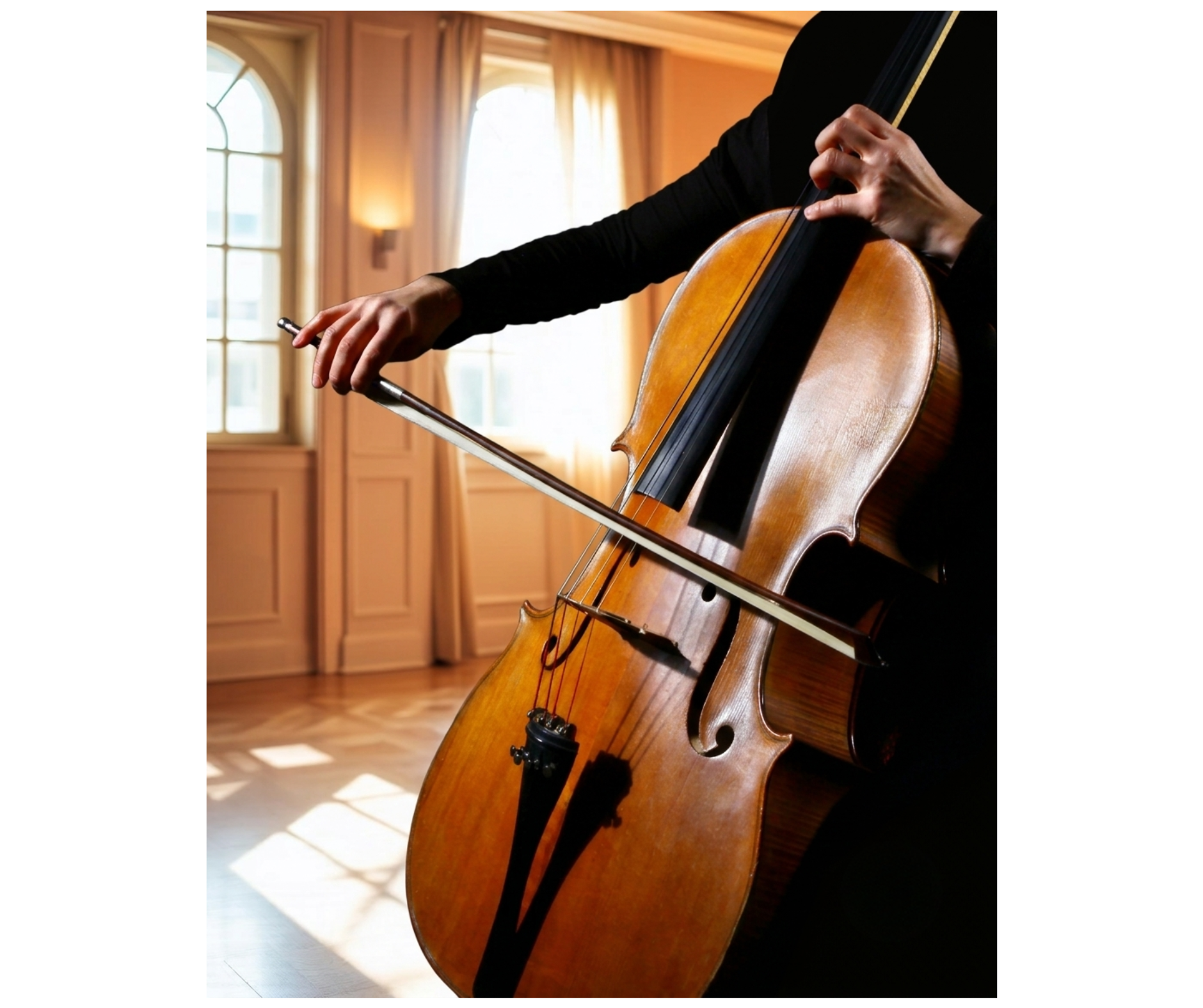 Young cellist performing in a sunlit studio