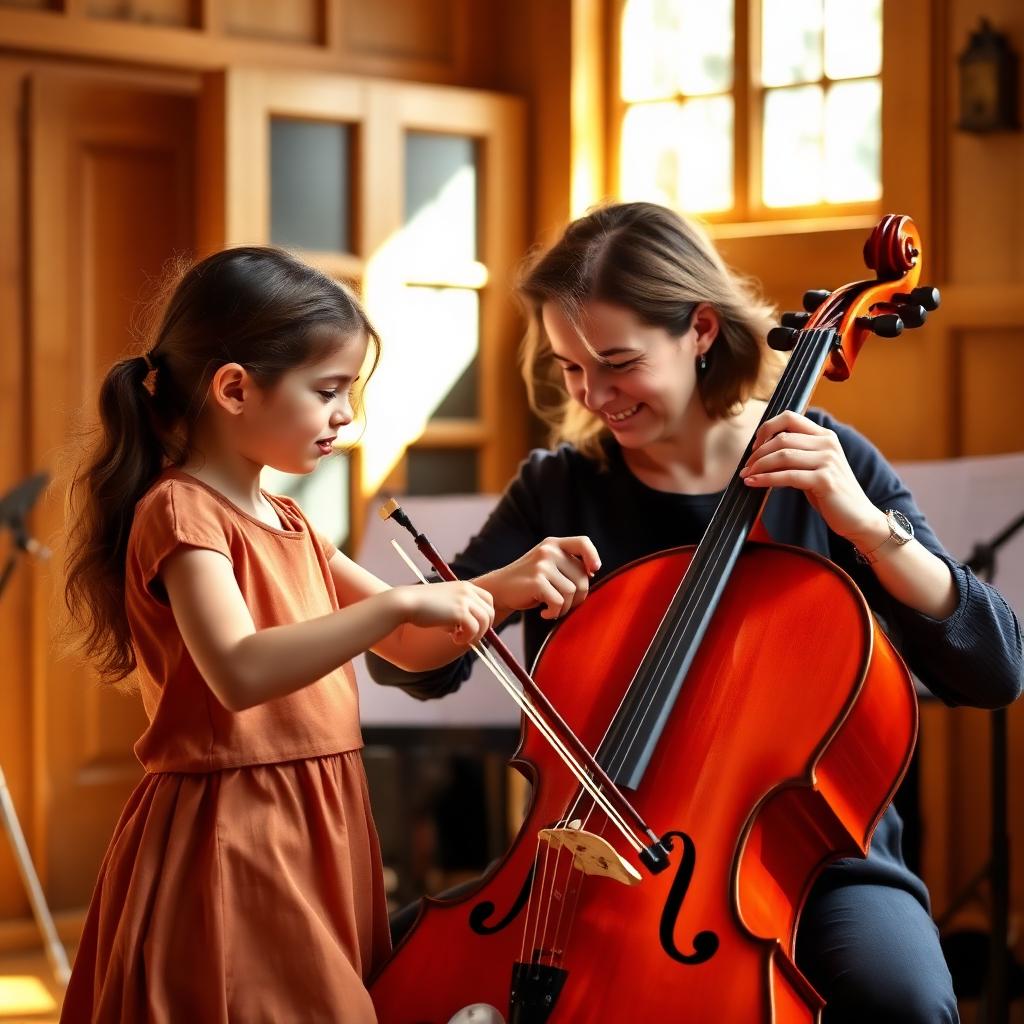 Cello teacher guiding a young student's bow hold in a sunlit studio
