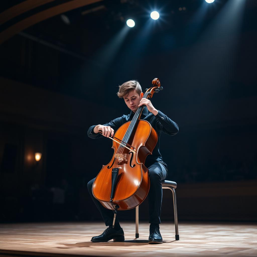 Young cellist performing solo in a concert hall