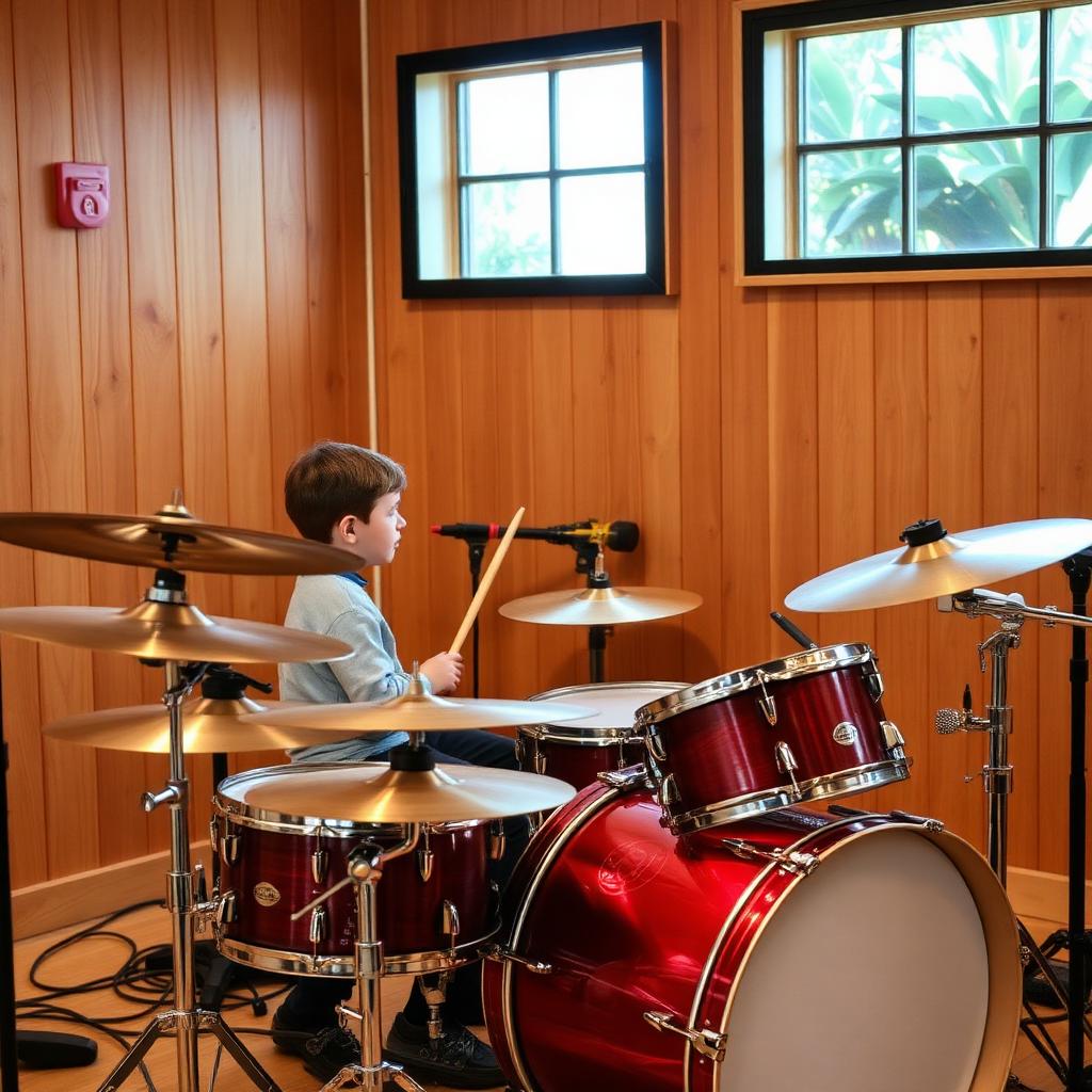 Drum instructor teaching a young student at a drum kit in a warm wood studio