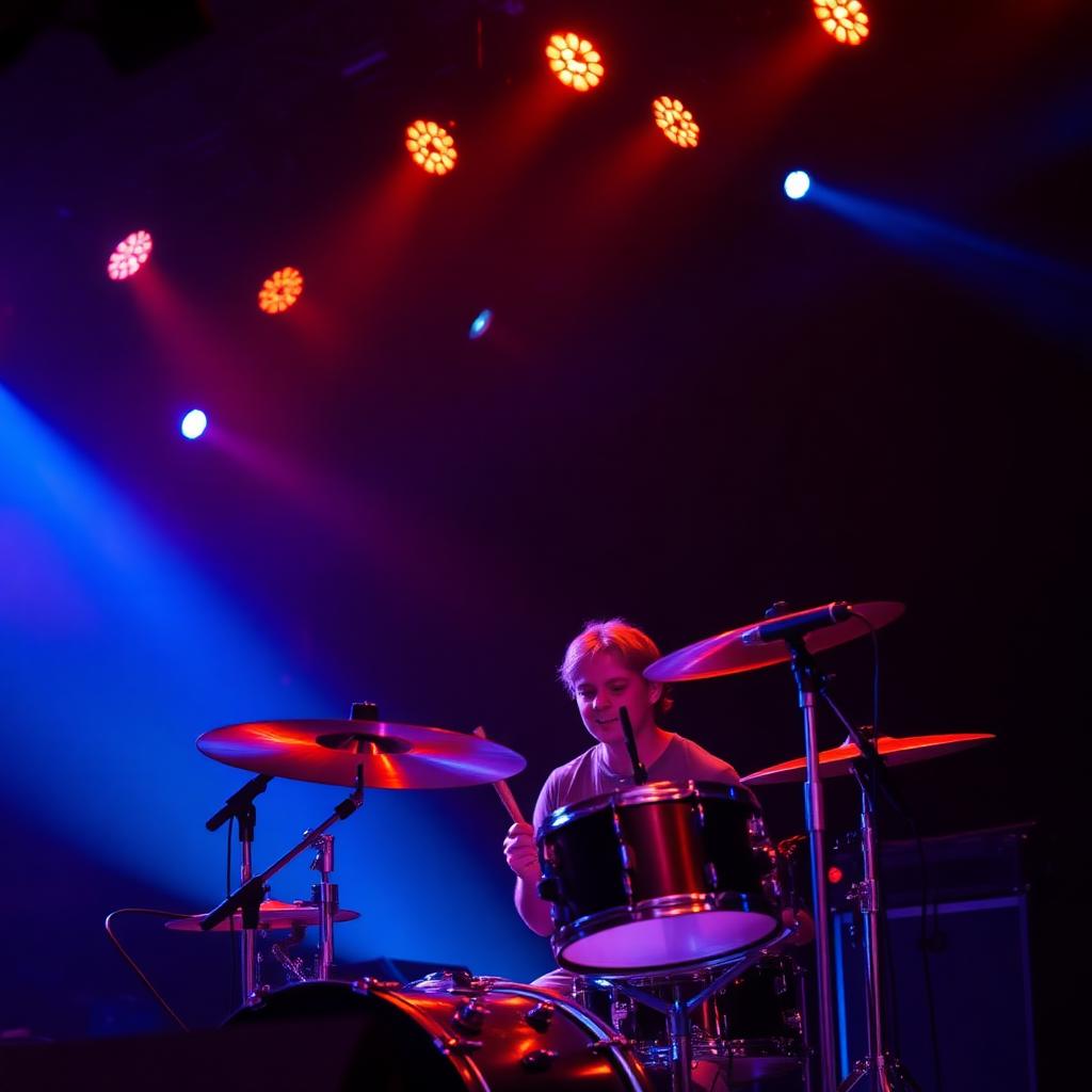 Student drummer performing on stage under dramatic lights
