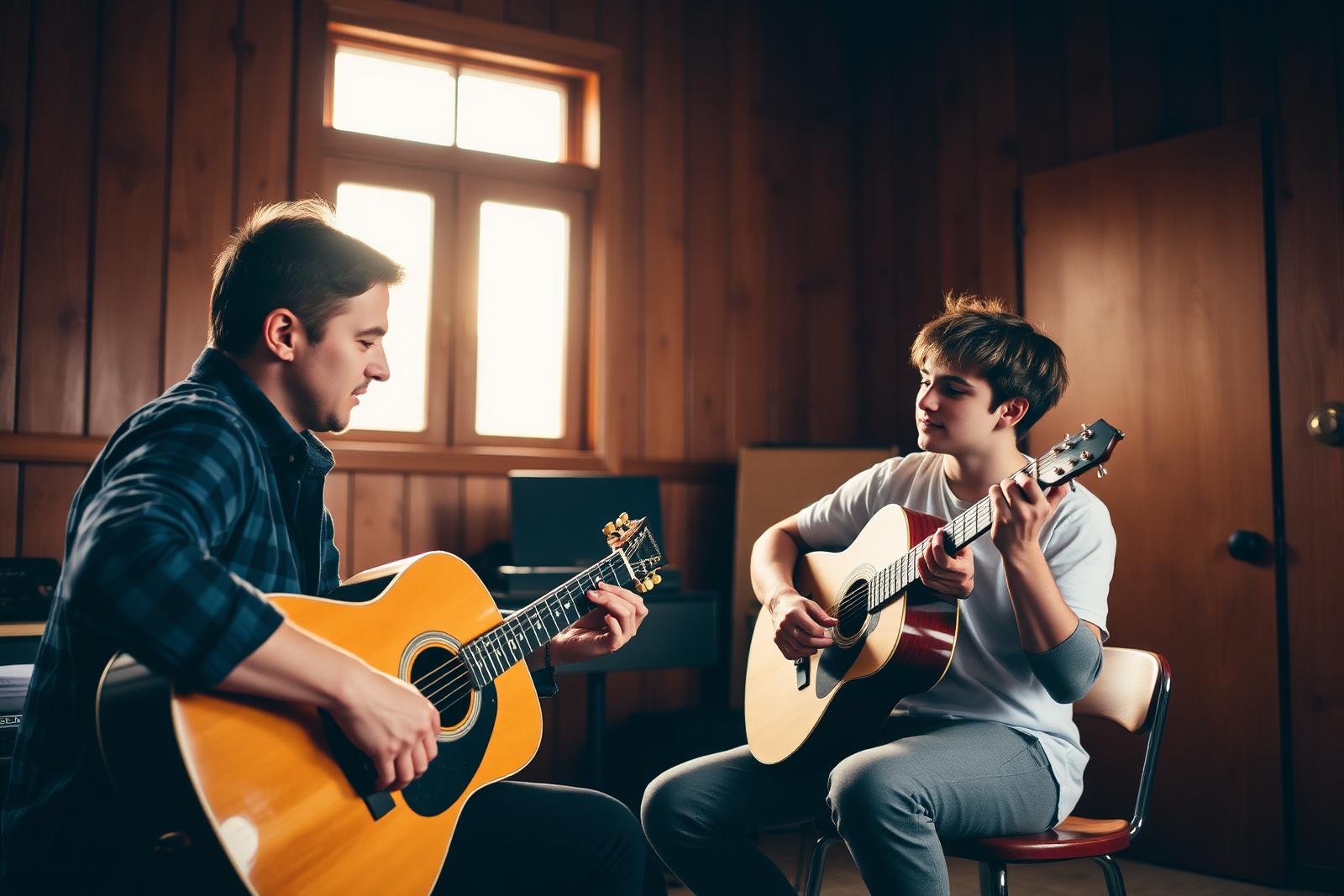 Guitar instructor teaching a teen student in a warm wood studio