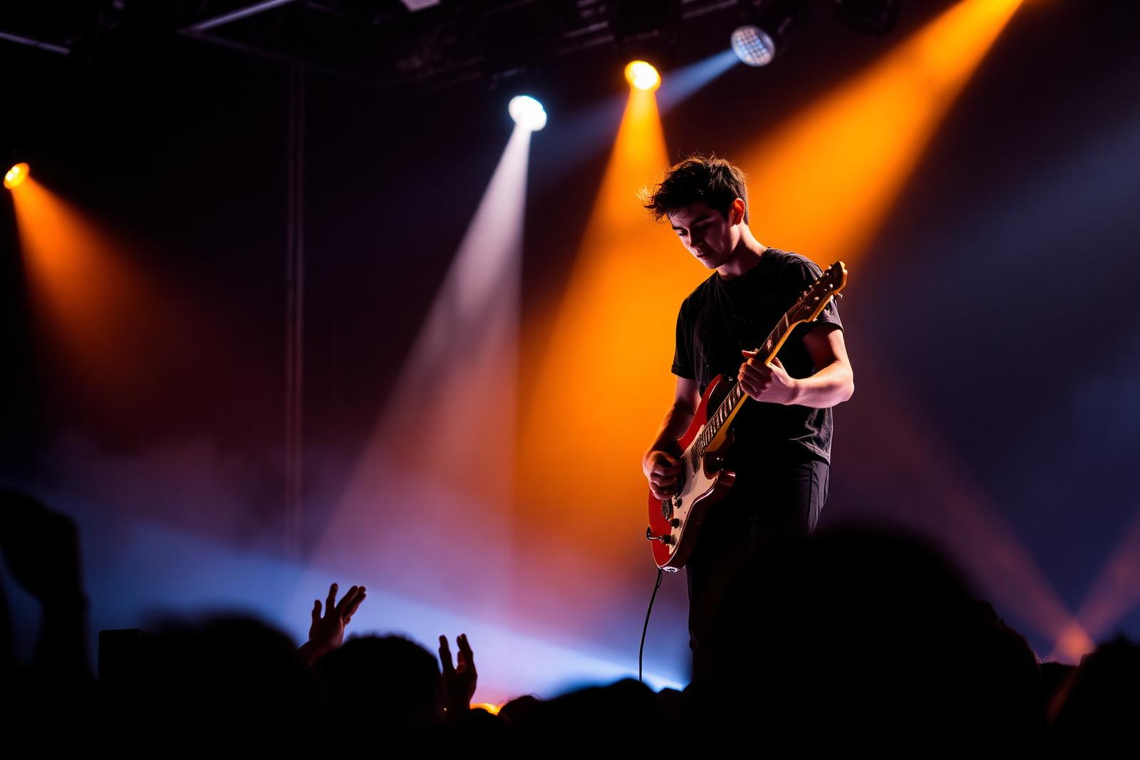 Student guitarist performing on stage under dramatic lights
