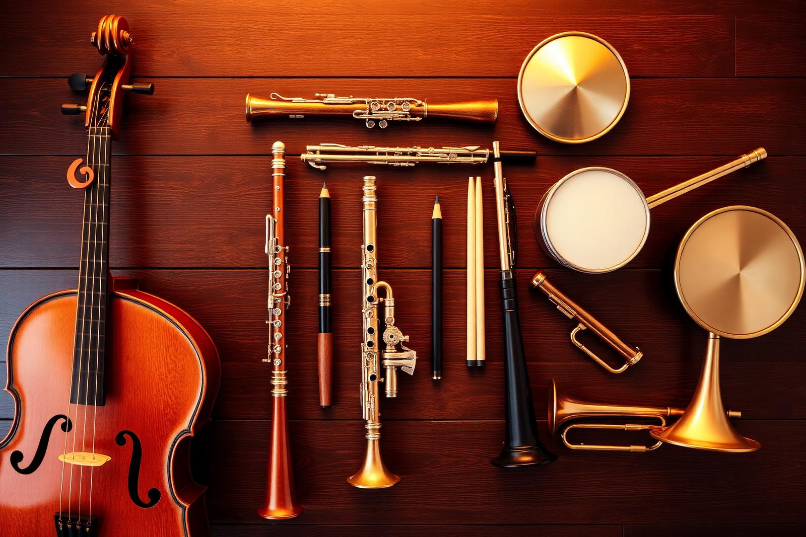 Flat lay of orchestral instruments on warm wood
