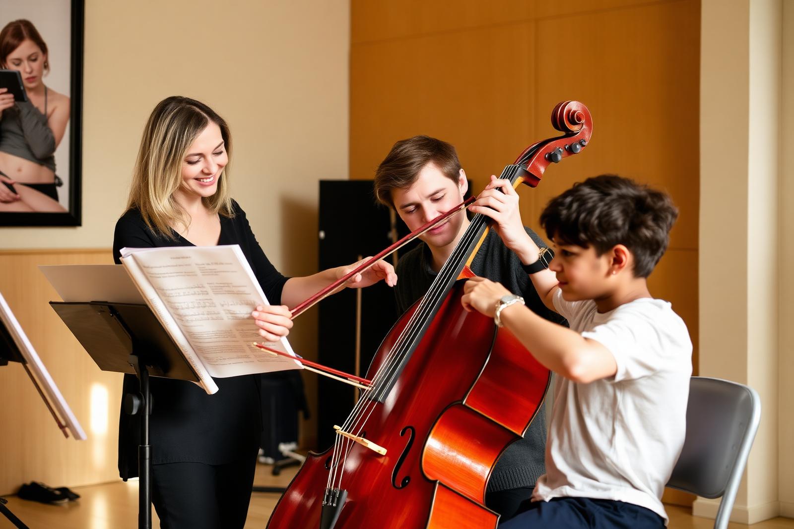 Music teacher giving a private cello lesson to a student