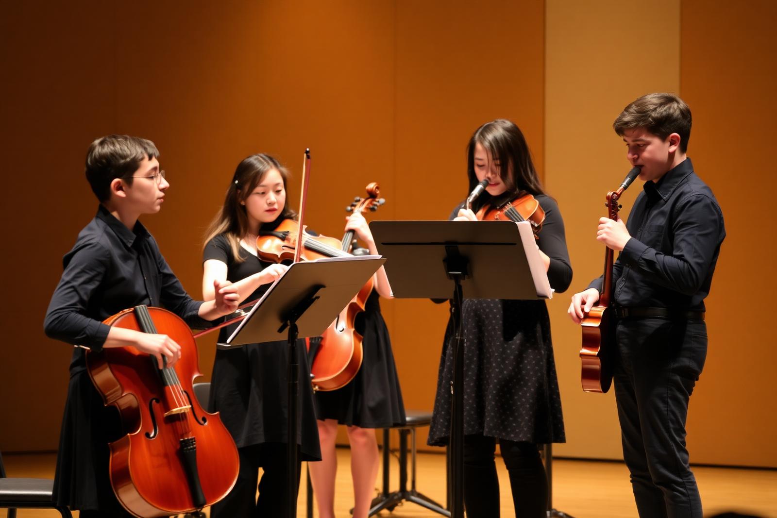 Young musicians performing as a small chamber ensemble