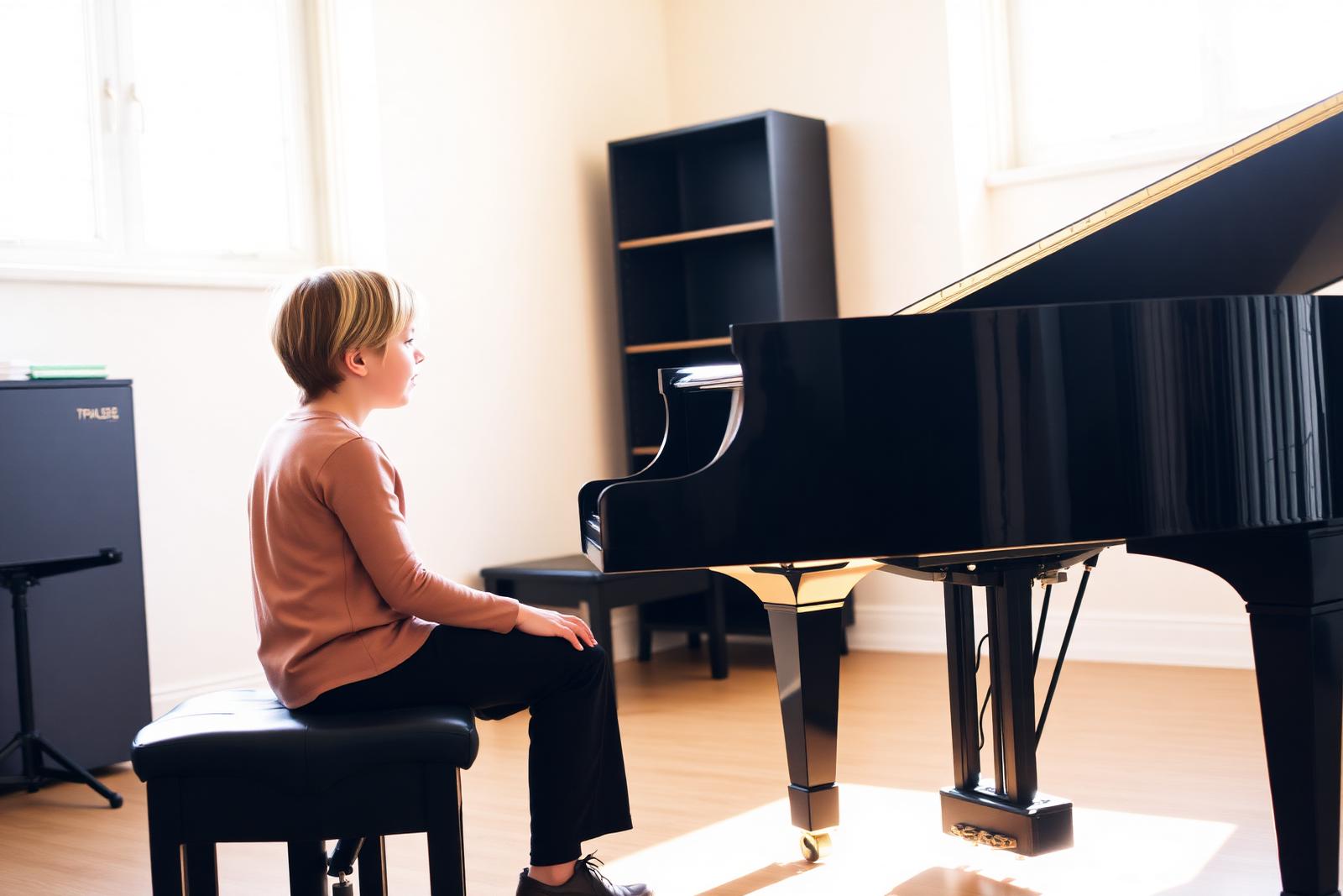 Young student at a grand piano in a sunlit studio