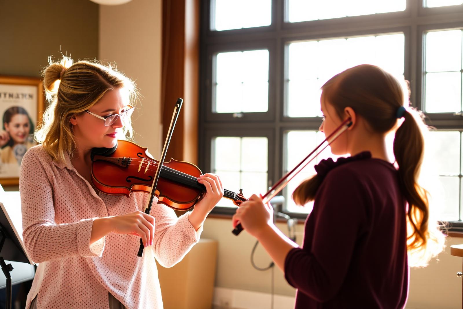 Violin teacher guiding a student's bow hold in a sunlit studio
