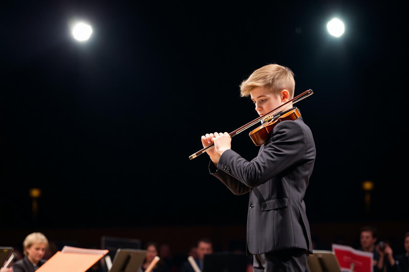 Young violinist performing solo in a concert hall