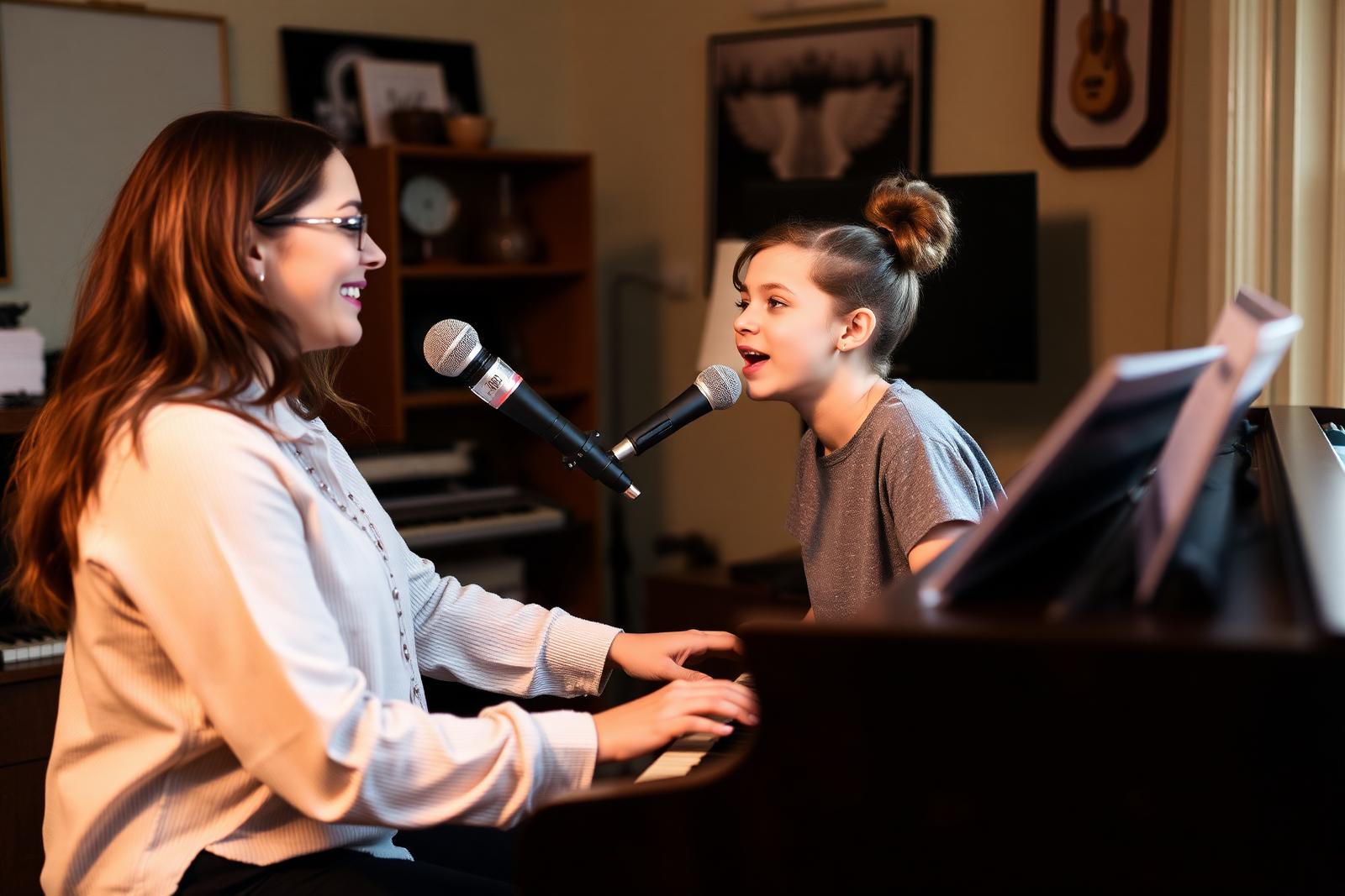 Voice teacher coaching a young singer at a piano