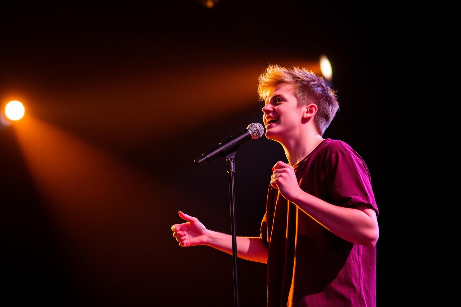 Young vocalist performing on stage holding a microphone